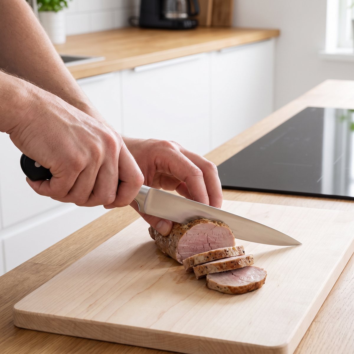 Wüsthof Classic köttkniv som skär skivor av ugnsstekt fläskfilé på en skärbräda i ett svenskt kök med induktionshäll