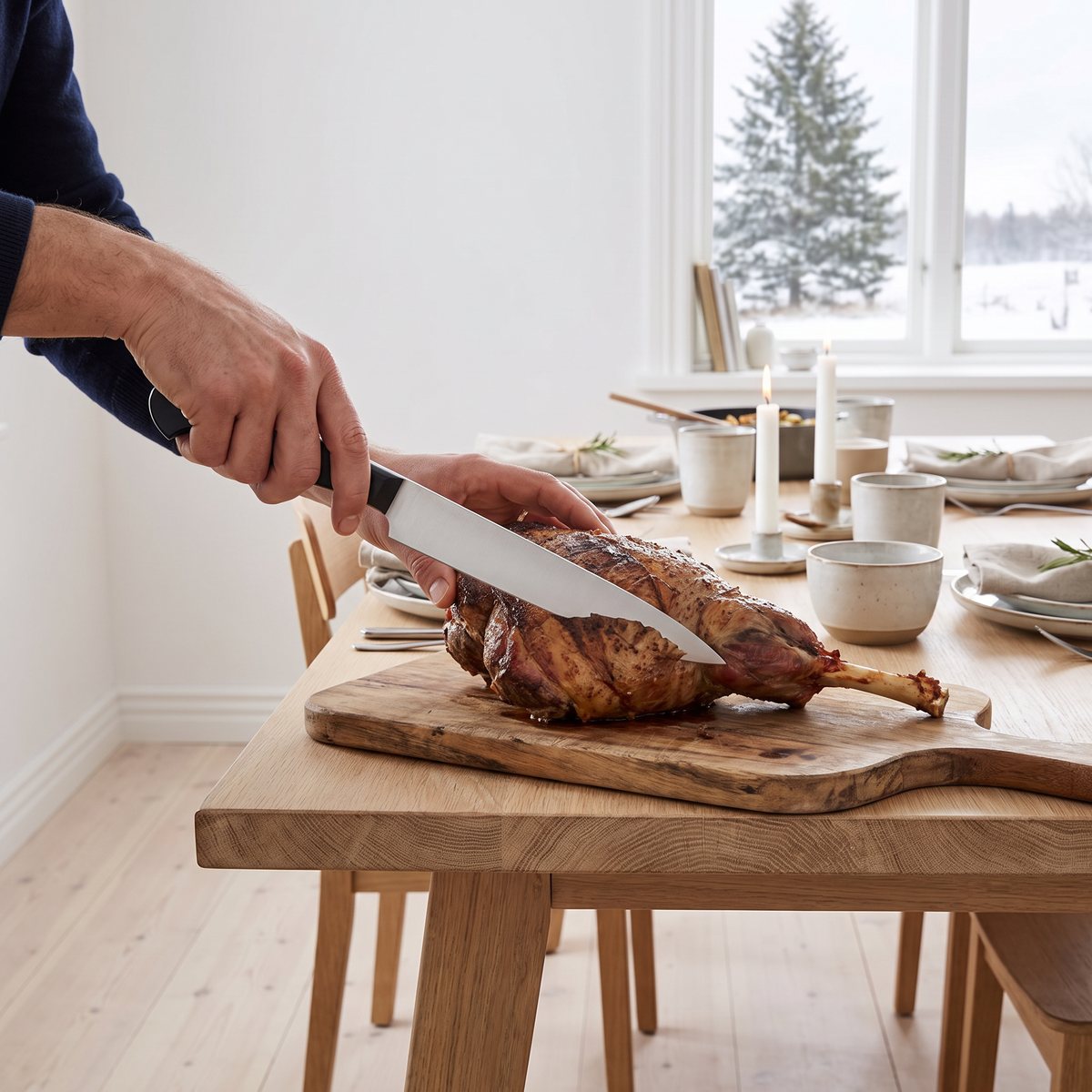 Zwilling Gourmet filékniv som skär en lammstek vid ett dukat svenskt middagsbord
