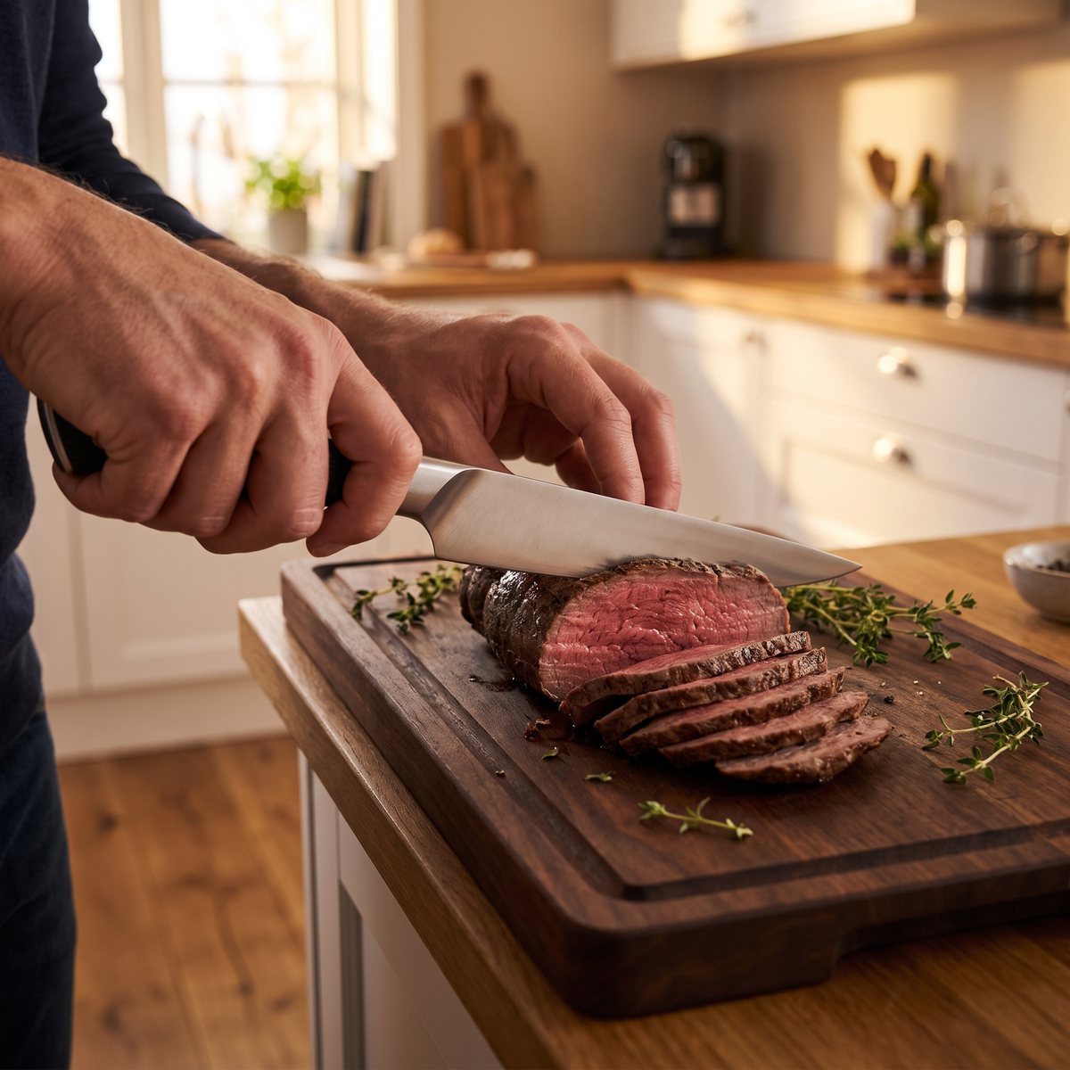 Zwilling Spectrum trancherkniv som skär upp rostbiff på ett mörkt skärbräde i ett svenskt hem