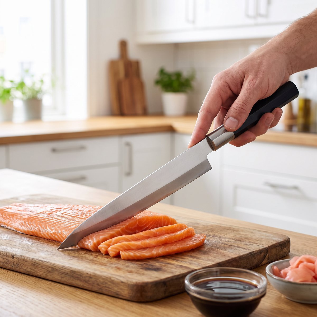 Kai Wasabi Black Yanagiba skär sashimi av lax på en träskiva i ett svenskt kök