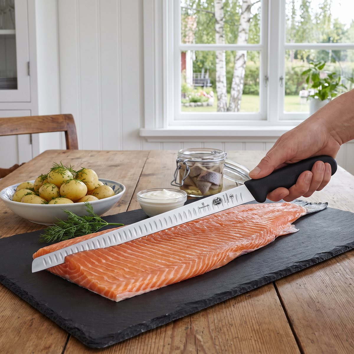 Victorinox Fibrox laxkniv skär en hel laxsida på skiffer på ett svenskt matbord