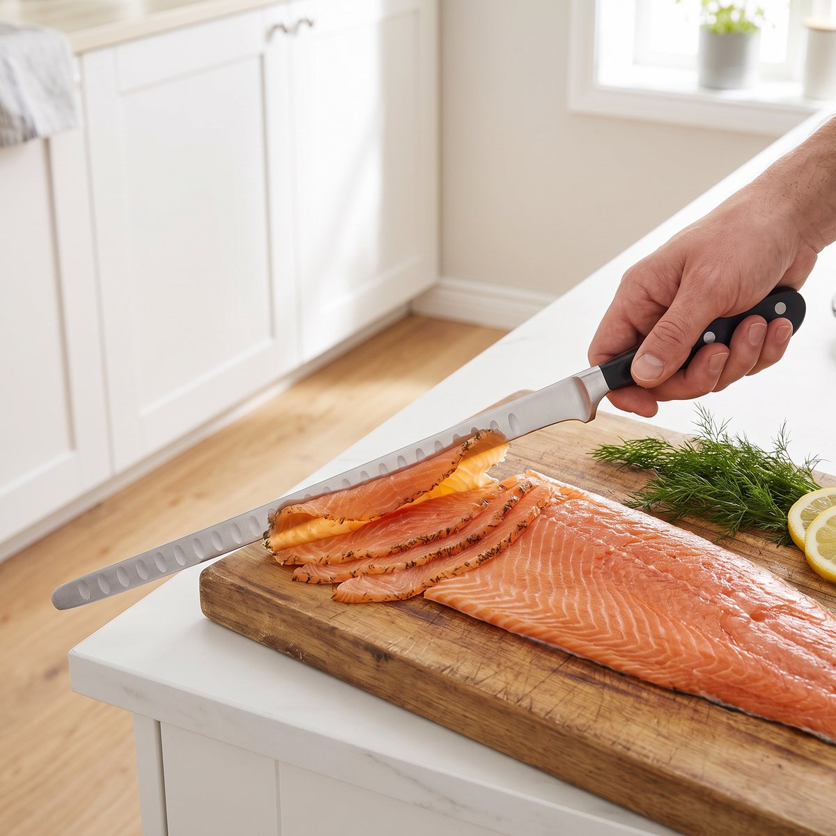 Wüsthof Classic laxkniv skär tunna skivor gravad lax i ett svenskt kök