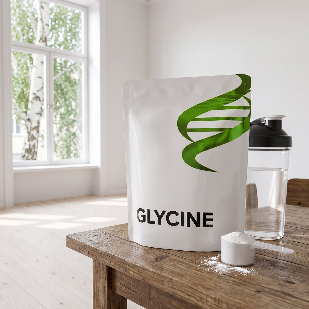 Body Science Glycine-påse på ett träbord med shaker och mätsked i en svensk bostad med björk utanför fönstret