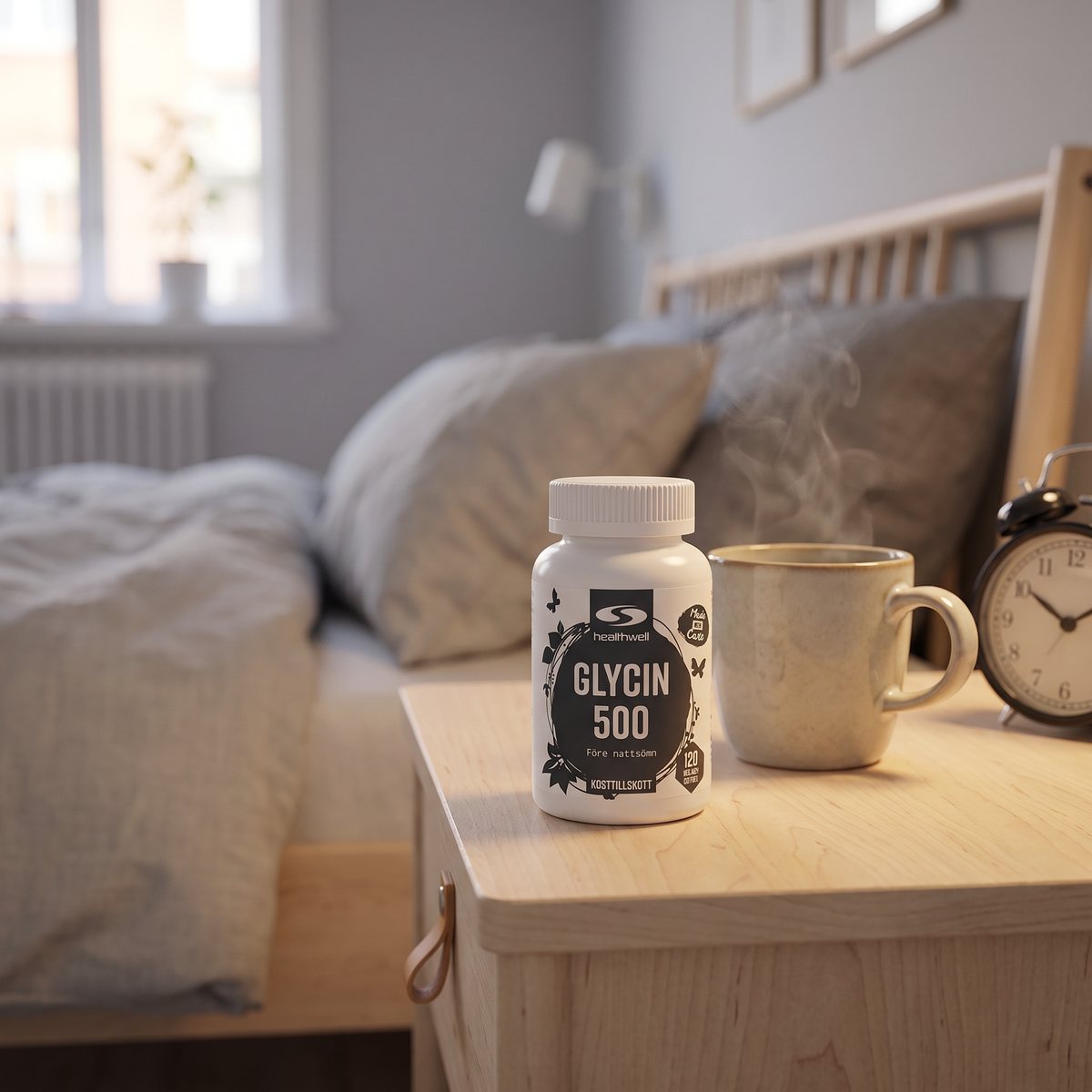 Healthwell Glycin 500 på ett nattduksbord med tekopp och väckarklocka i ett svenskt sovrum