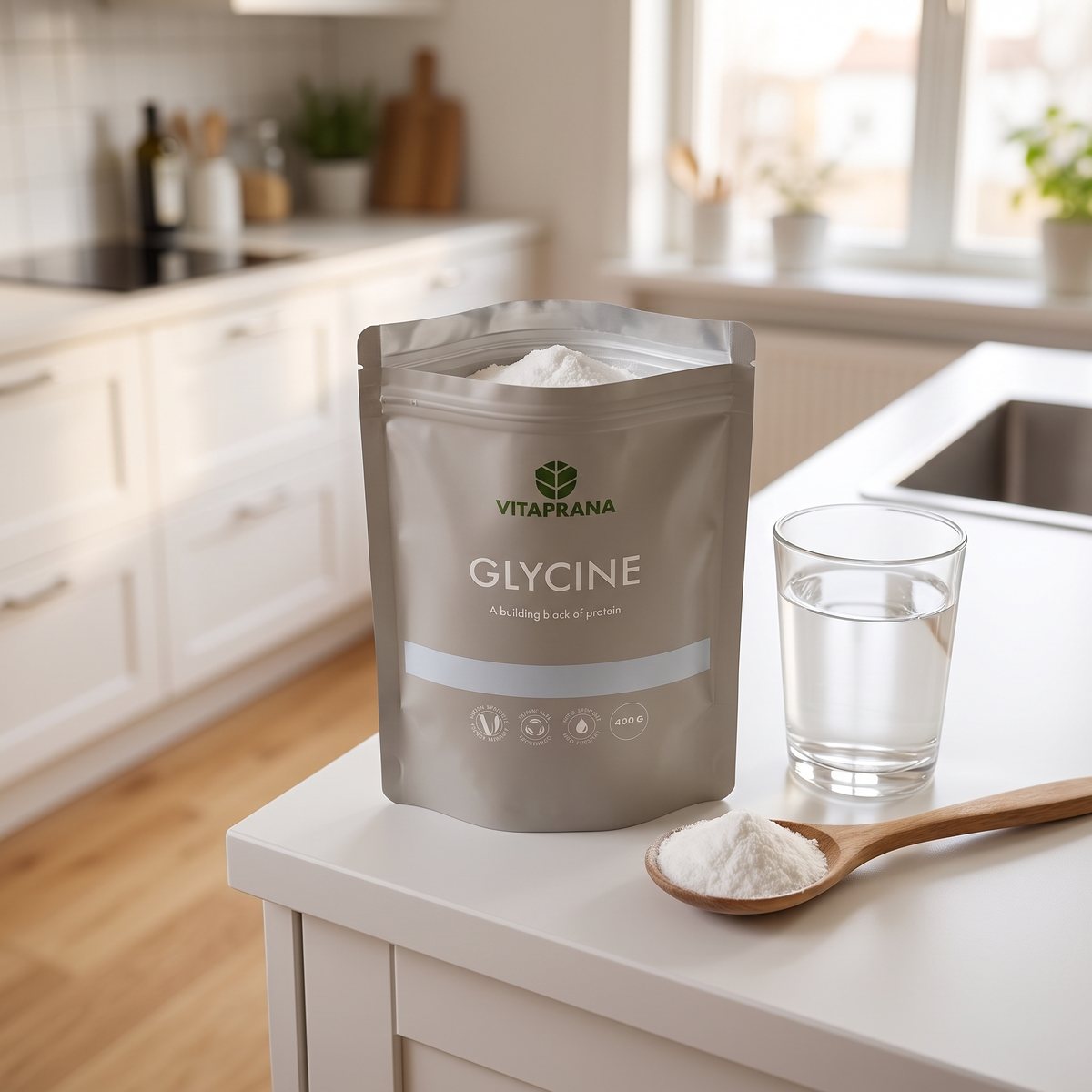 Vitaprana Glycine-påse på en vit köksbänk med vatten och en träsked glycinpulver i ett svenskt kök