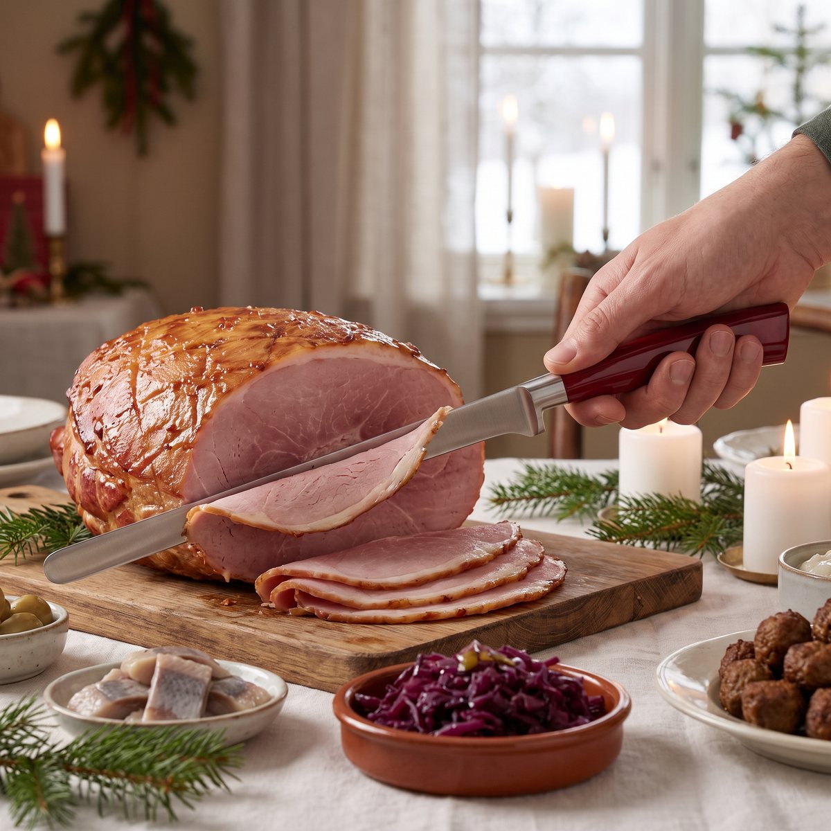 Berkel Elegance skinkkniv med rött handtag skär julskinka på ett dukat svenskt julbord