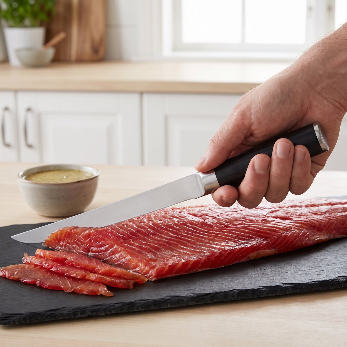 Kai Shun Classic skinkkniv med svart pakkahandtag skär tunna skivor gravad lax i ett svenskt kök