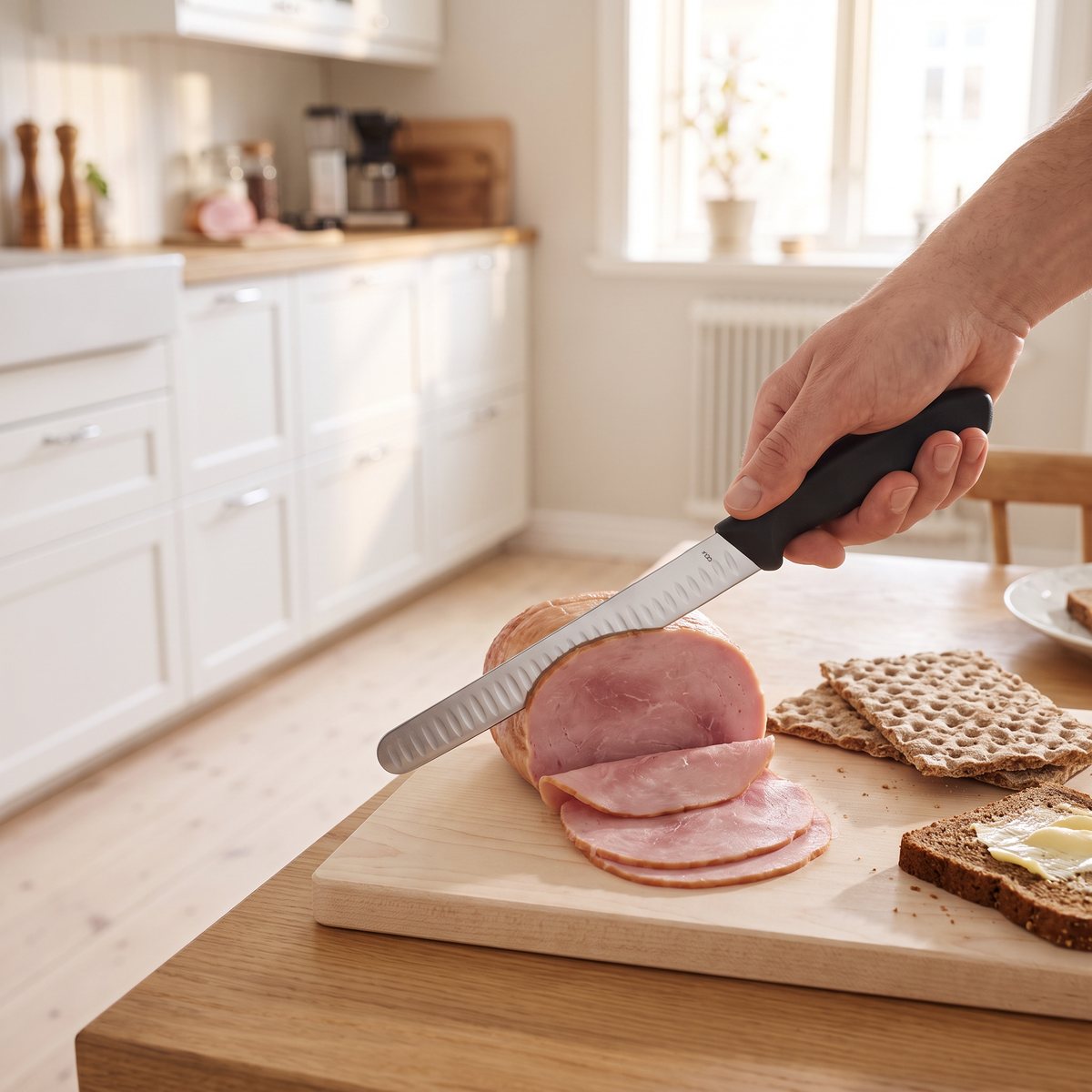 Victorinox skinkkniv 25 cm skär tunna skivor av en liten skinka till smörgåsar på ett svenskt frukostbord