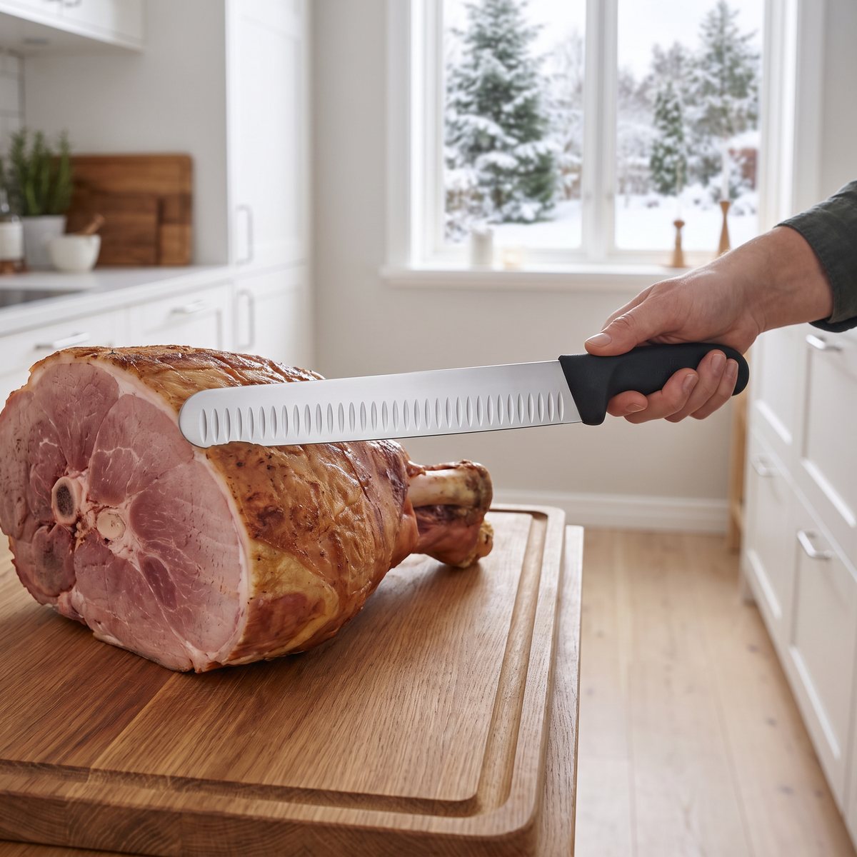 Victorinox Fibrox skinkkniv 36 cm skär över en hel julskinka med ben i ett svenskt kök med vinterträdgård utanför