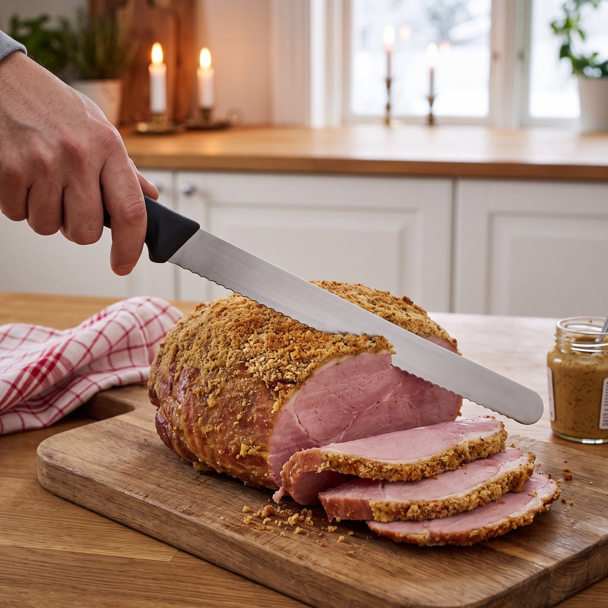 Victorinox vågtandad skinkkniv med svart Fibroxhandtag skär genom griljeringen på en julskinka i ett svenskt kök