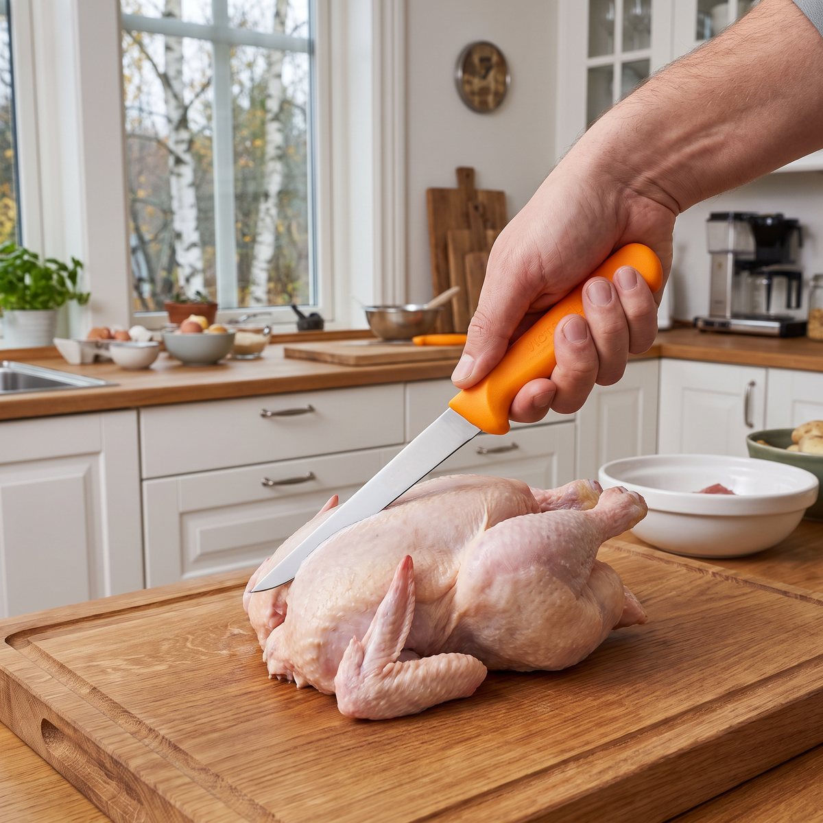 Victorinox urbeningskniv med orange handtag som skär en hel rå kyckling på en träskärbräda i ett svenskt kök med björkar utanför fönstret