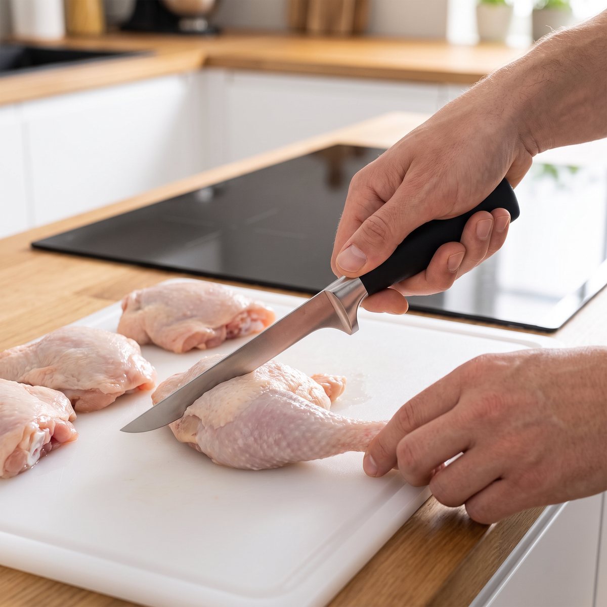 Zwilling Four Star urbeningskniv med svart handtag som skär kycklinglår på en vit skärbräda bredvid en induktionshäll