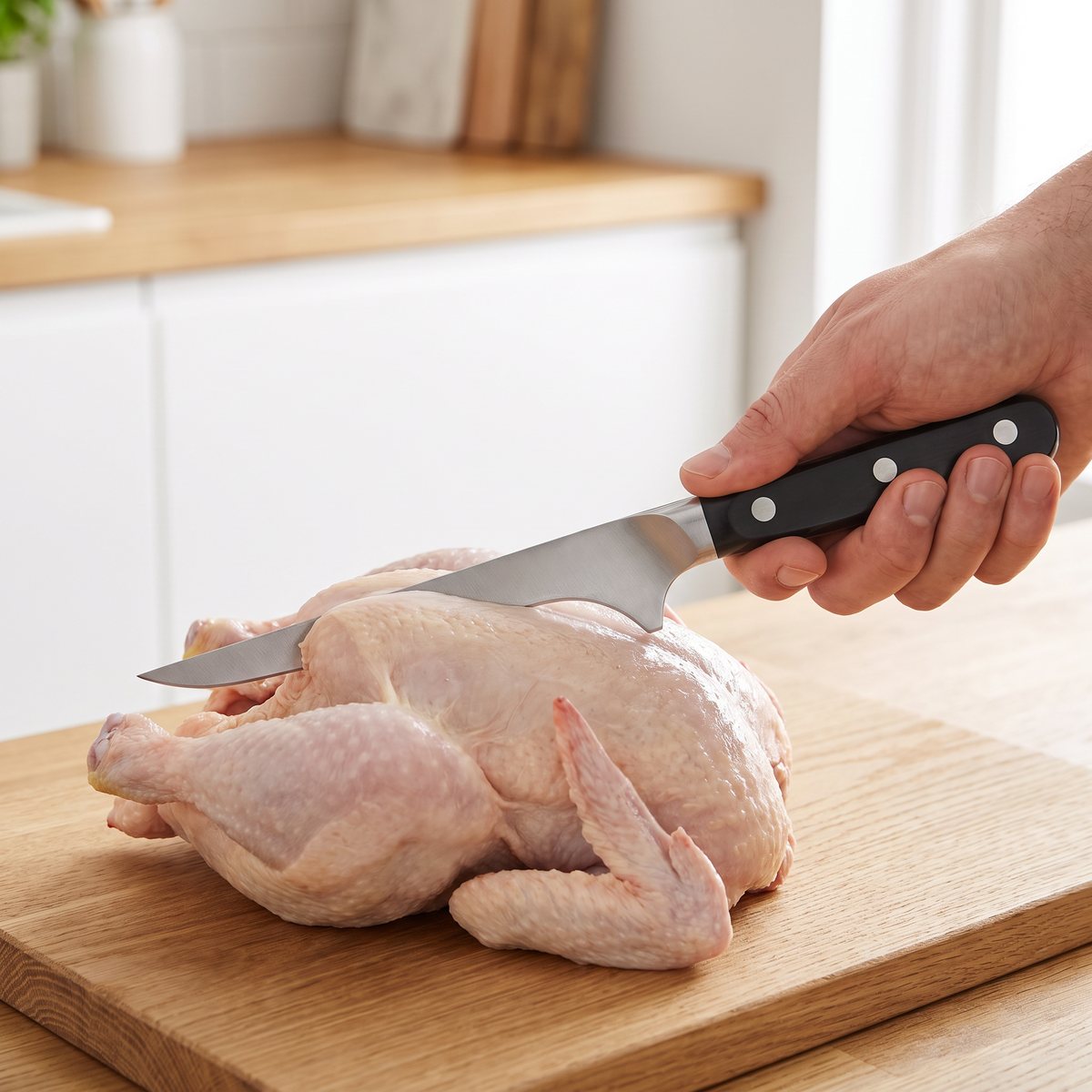 Zwilling Pro urbeningskniv med svart treniterat handtag som skär längs ryggen på en rå kyckling på en skärbräda i ett ljust svenskt kök