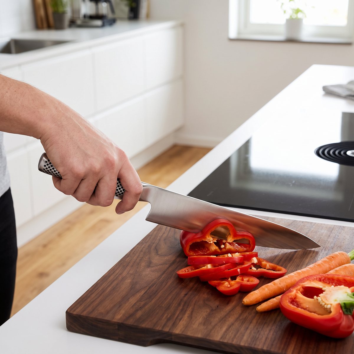 Global G-2 med ihåligt stålhandtag skär paprika och morötter bredvid en induktionshäll i ett svenskt kök