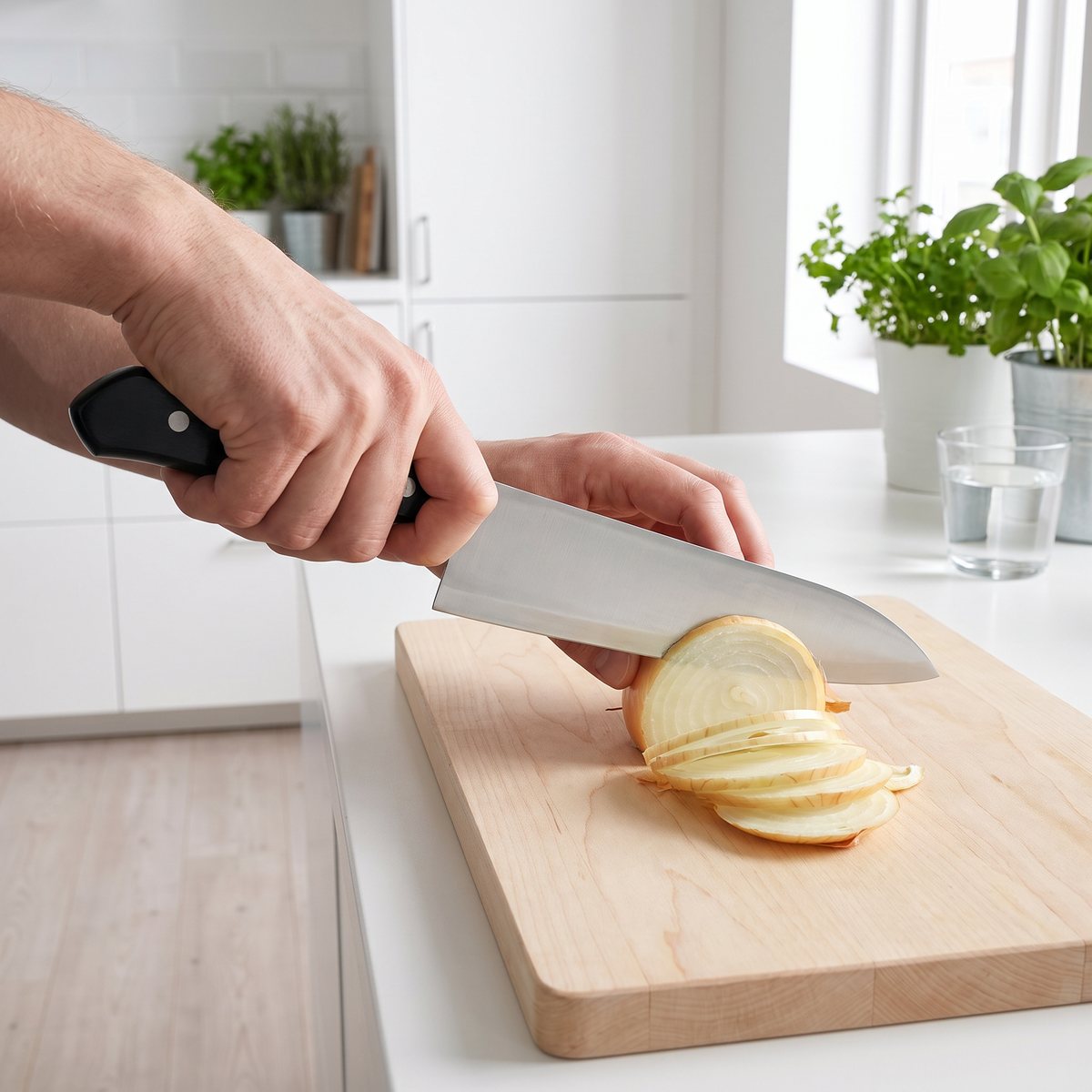 Kockkniv med svart handtag skär lök på en skärbräda av björk i ett vitt svenskt kök