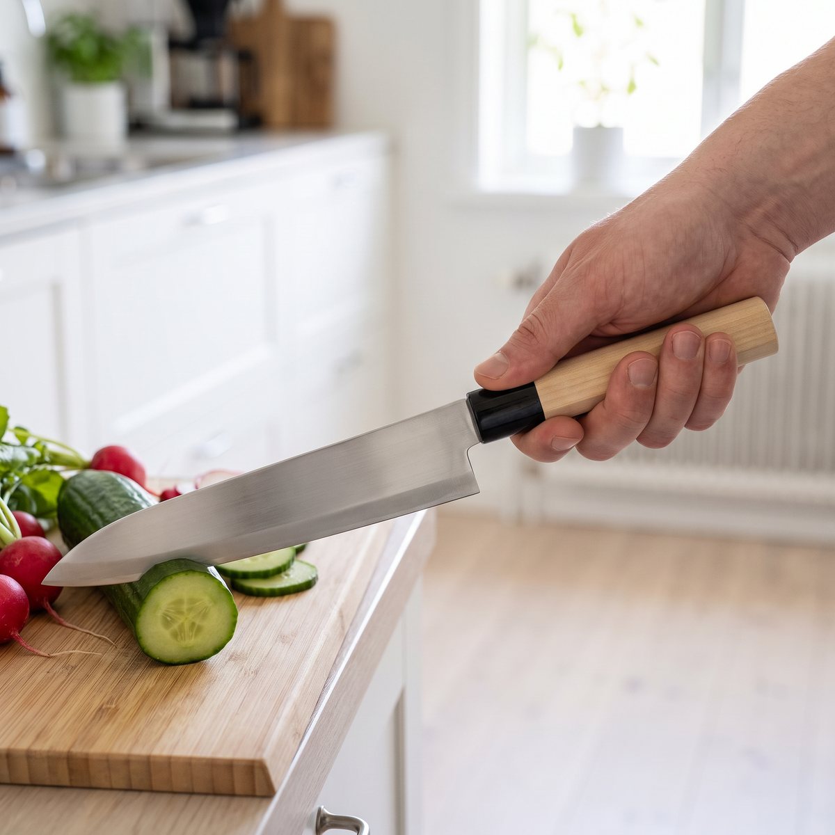 Satake Houcho Gyoto med ljust trähandtag skär gurka och rädisor på en träbräda i ett svenskt kök