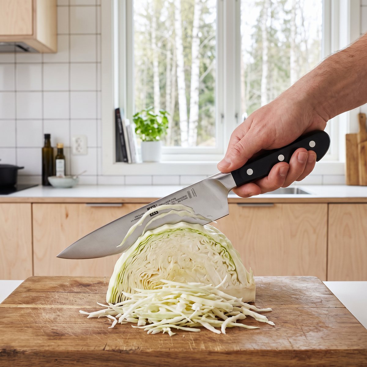 Zwilling Pro med svart handtag skär vitkål i strimlor i ett svenskt kök med utsikt mot björkar
