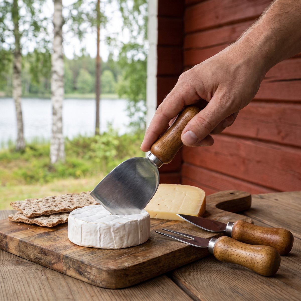 Dorre Olva ostknivar med trähandtag på en ostbräda med brie och knäckebröd på verandan till ett rött sommarhus vid en sjö