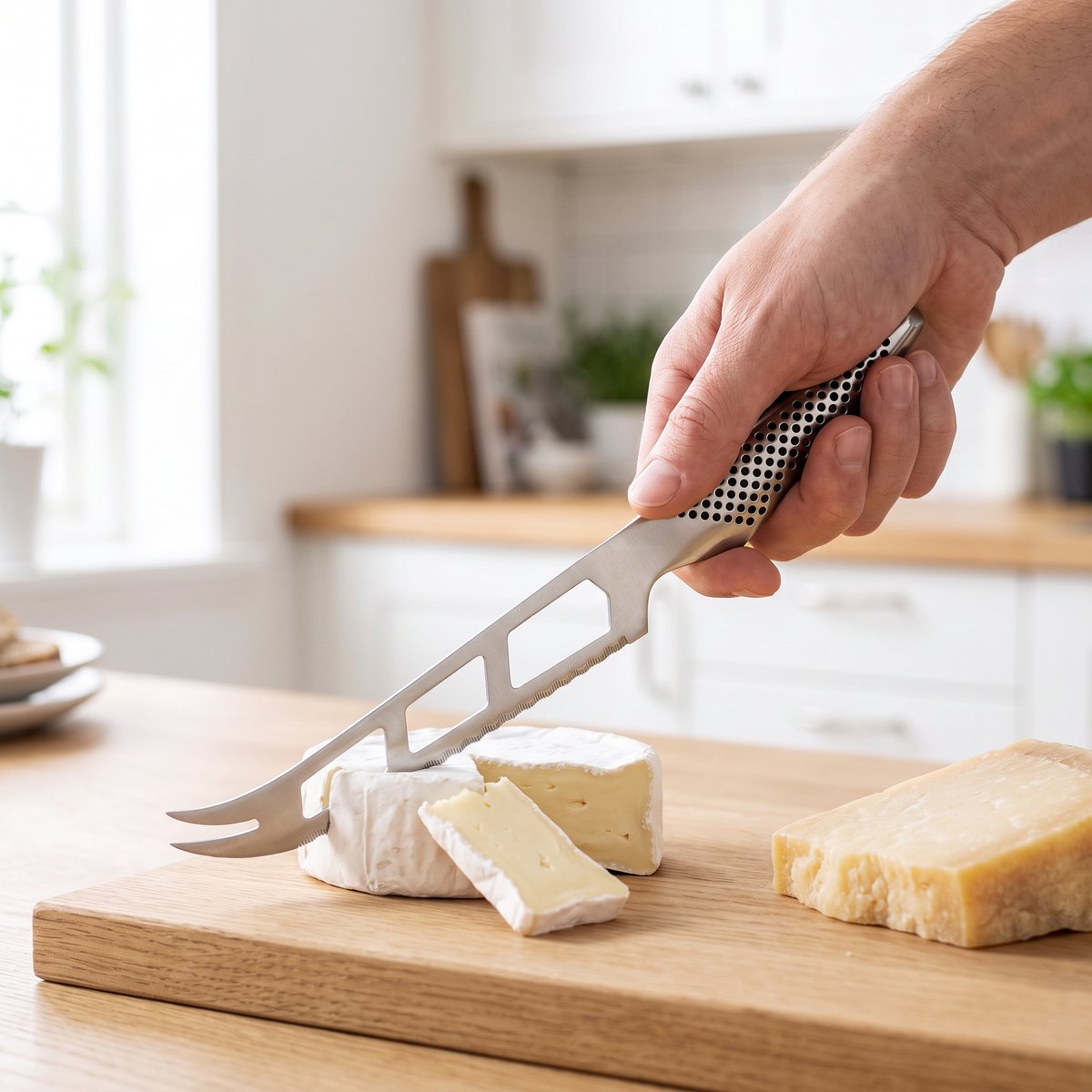 Global GS-10 ostkniv i stål skär en camembert på en skärbräda av ek i ett ljust svenskt kök