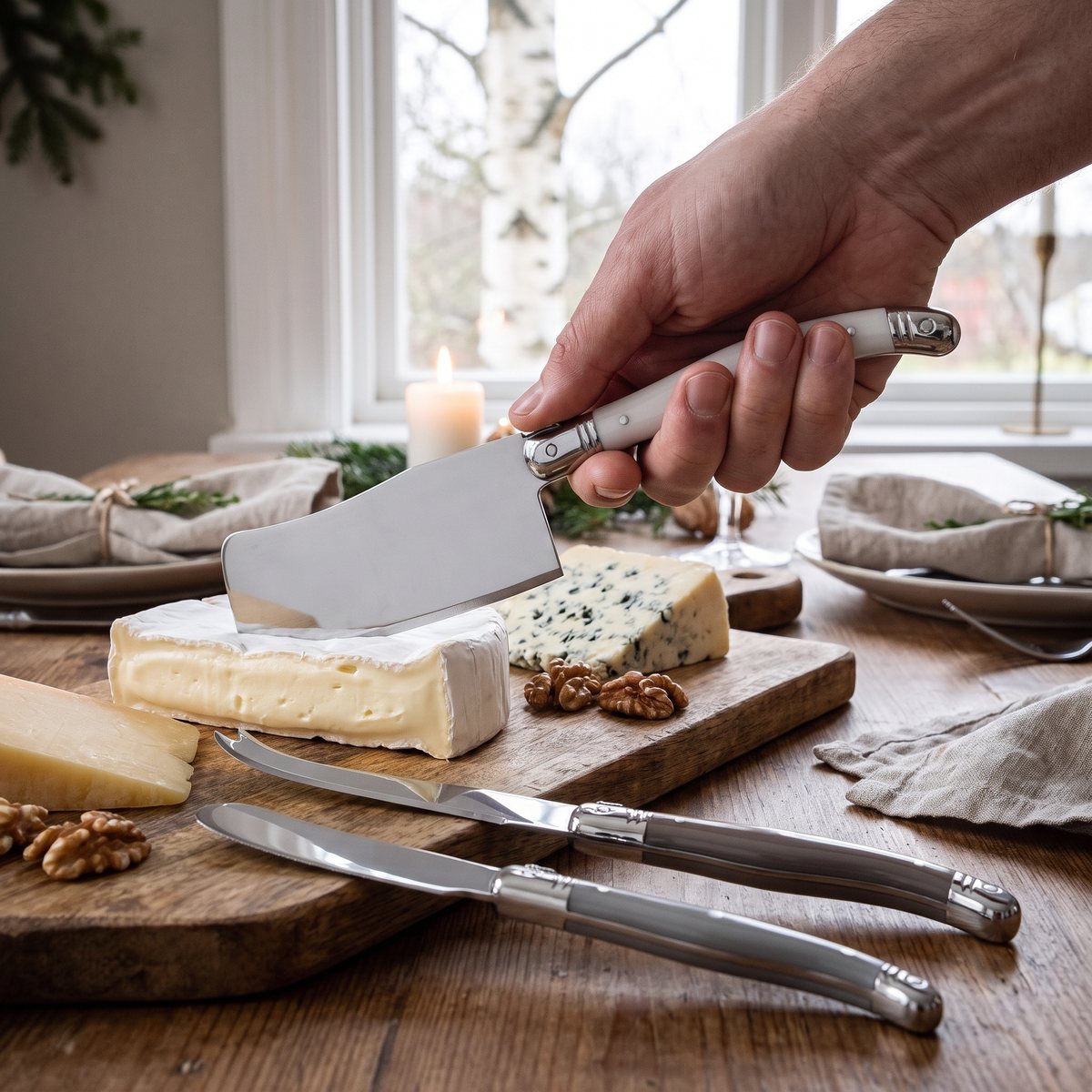 Lou Laguiole ostbestick med vitt, grått och gråbrunt skaft på en ostbräda med mjukost, hårdost och blåmögelost på ett dukat bord