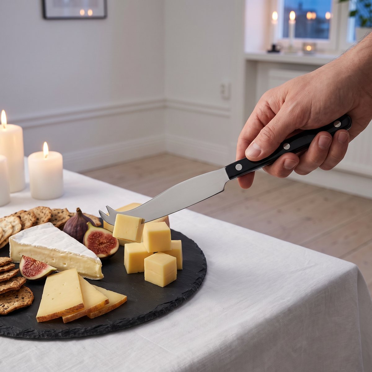 Sabre Paris Bistrot Solid ostkniv med svart skaft lyfter en ostbit från ett skifferfat på ett dukat bord i en svensk lägenhet