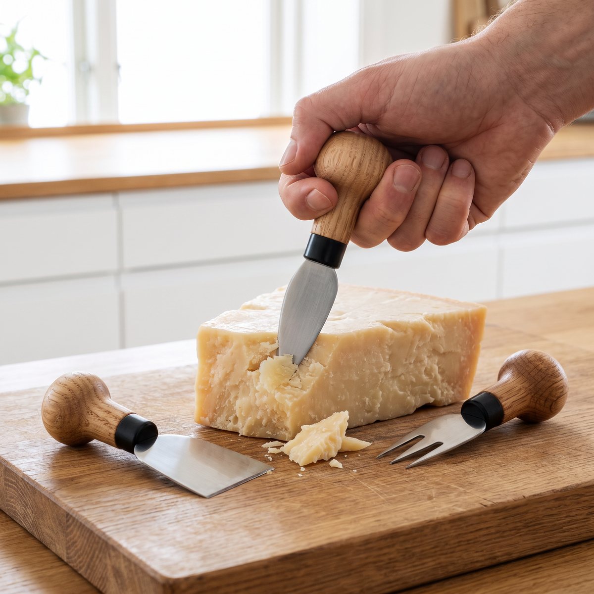 Sagaform Nature parmesankniv med ekhandtag bryter en flaga ur en bit parmesan, med hårdostkniven och gaffeln bredvid, i ett svenskt kök