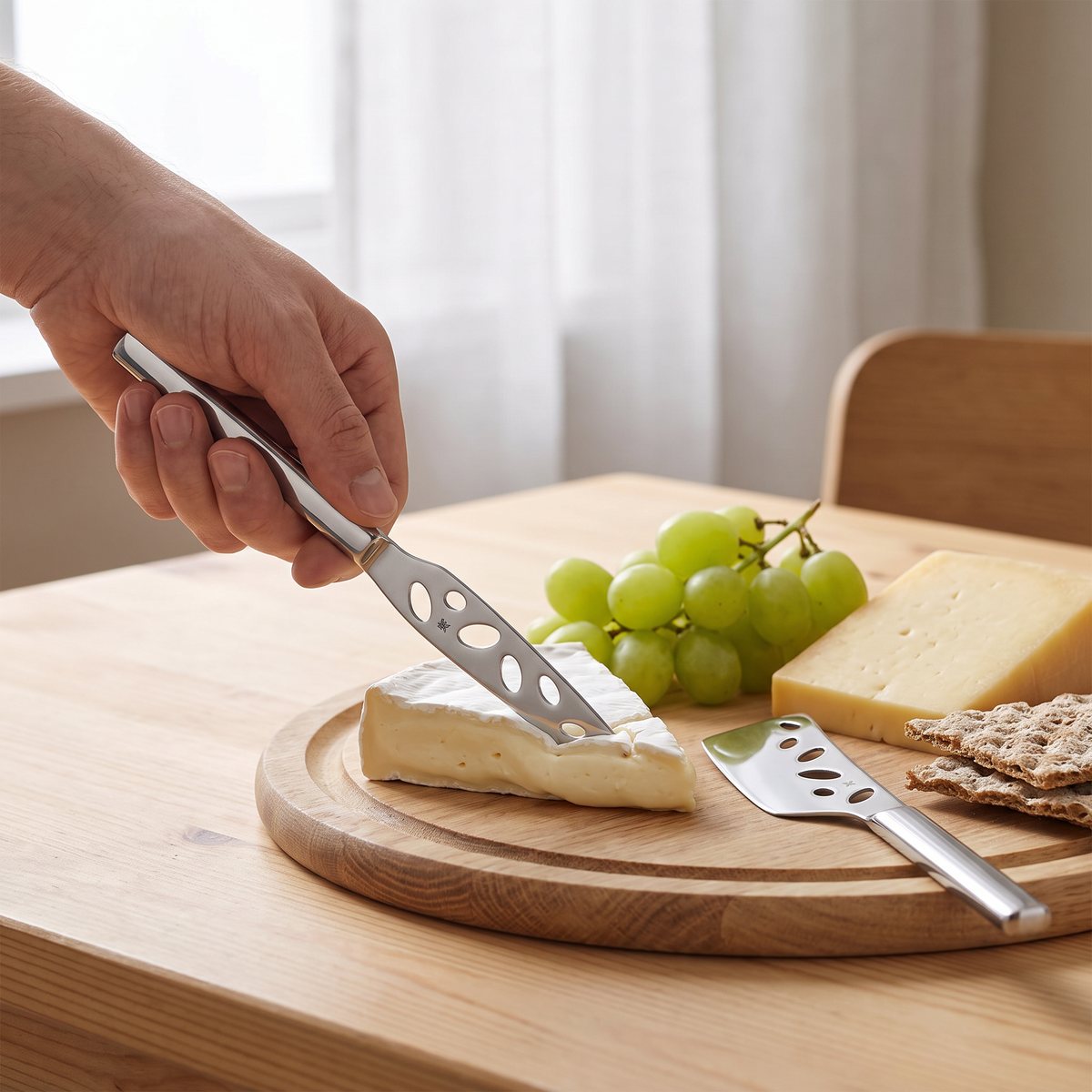 WMF Nuova ostknivar i blankt stål på en ostbricka med brie, hårdost, vindruvor och knäckebröd på ett furubord
