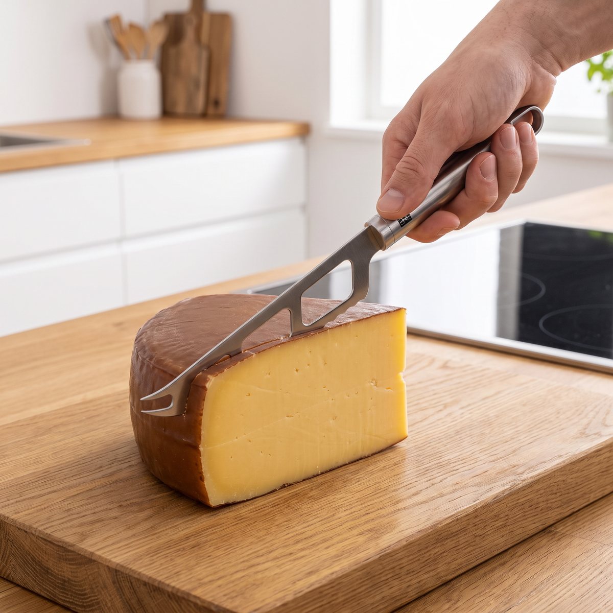 Zwilling Pro ostkniv skär genom en stor bit lagrad hårdost på en ekbräda i ett svenskt kök med induktionshäll