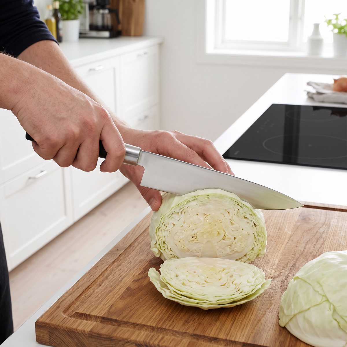 Kai Wasabi Black kockkniv delar ett vitkålshuvud på en träbräda i ett svenskt familjekök