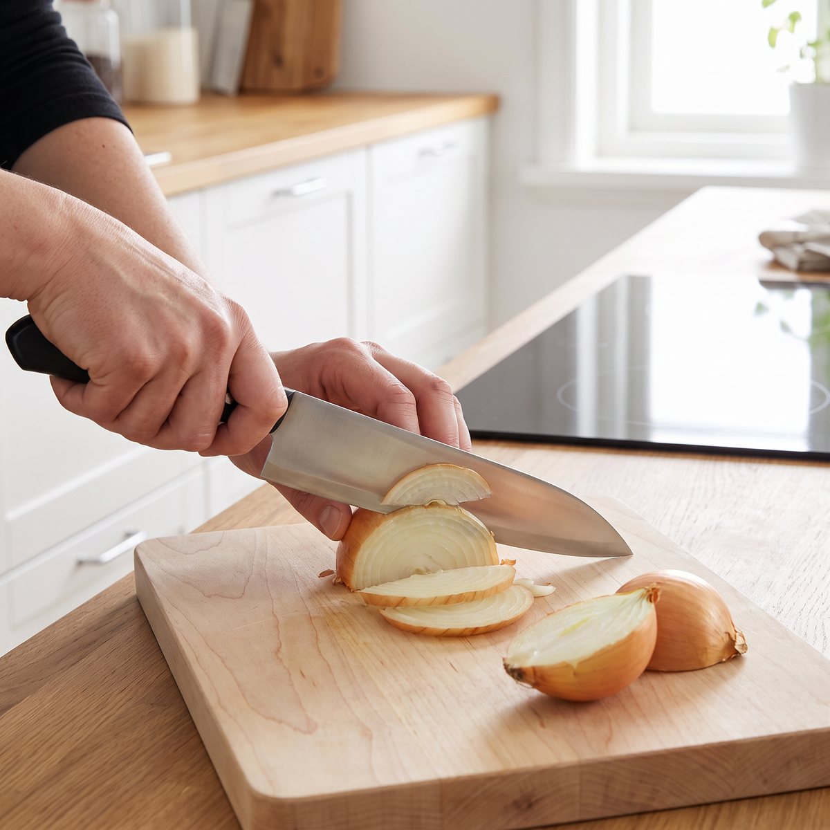 Mac Chef kockkniv skär gul lök på en skärbräda av björk i ett svenskt kök med induktionshäll