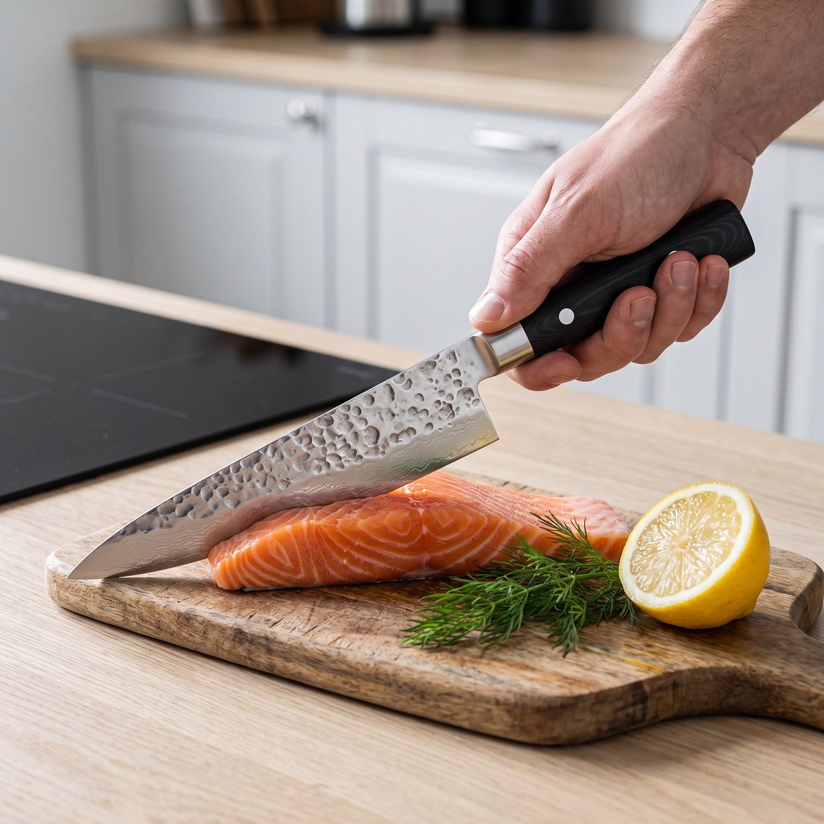 Yaxell Zen kockkniv skär en laxfilé på en träbräda i ett svenskt kök med induktionshäll