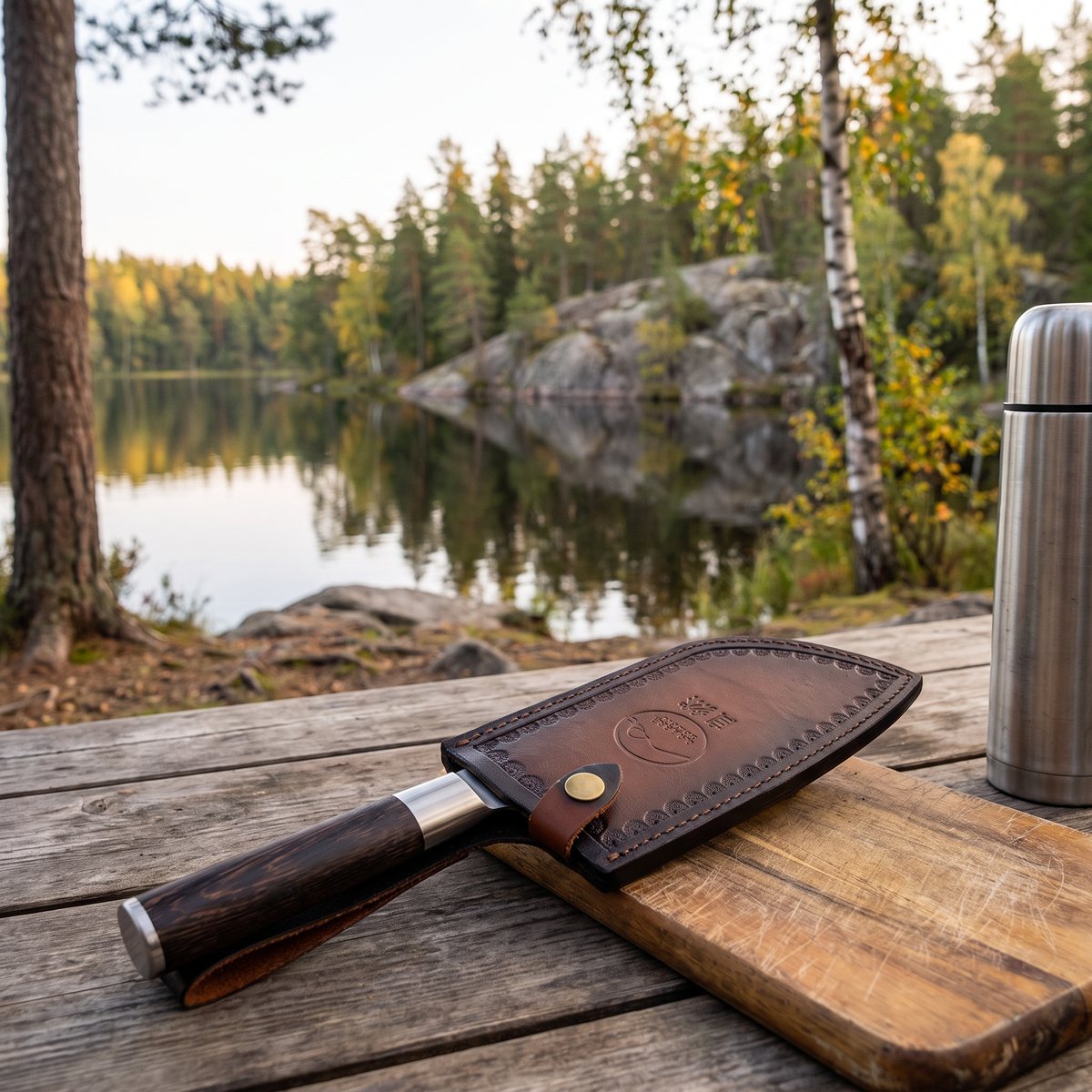 Satake Mori chopper i lädersliden på ett träbord vid en insjö i svensk skog