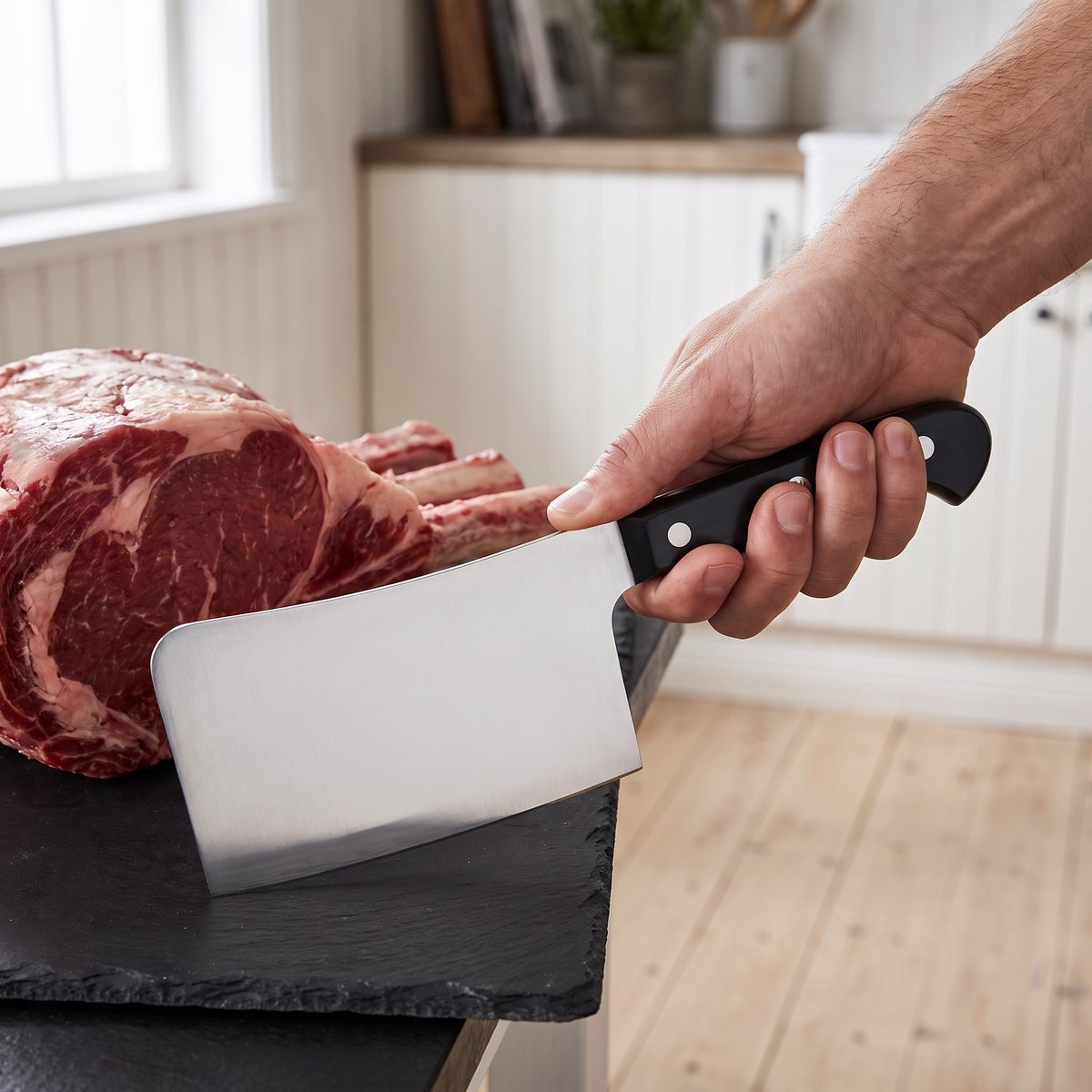 Zwilling Gourmet köttyxa i handen vid en oxstek på en skiffertavla i ett svenskt kök