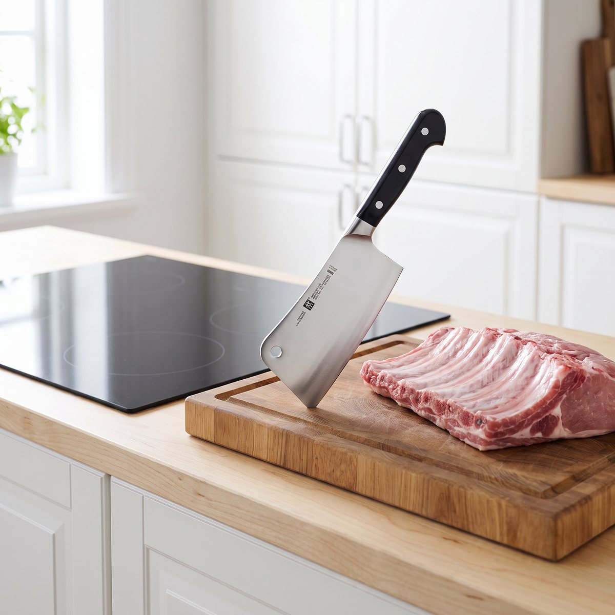 Zwilling Pro köttyxa som står i ett träskärbräde bredvid revbensspjäll i ett ljust svenskt kök