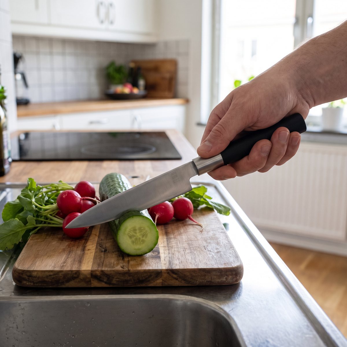 Kai Wasabi Black allkniv som skär gurka och rädisor vid diskbänken i ett svenskt kök