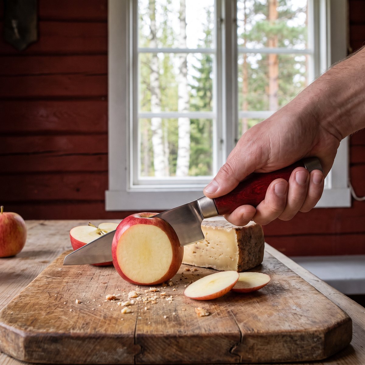 Morakniv Classic 1891 allkniv som skär äpple och ost i en svensk stuga