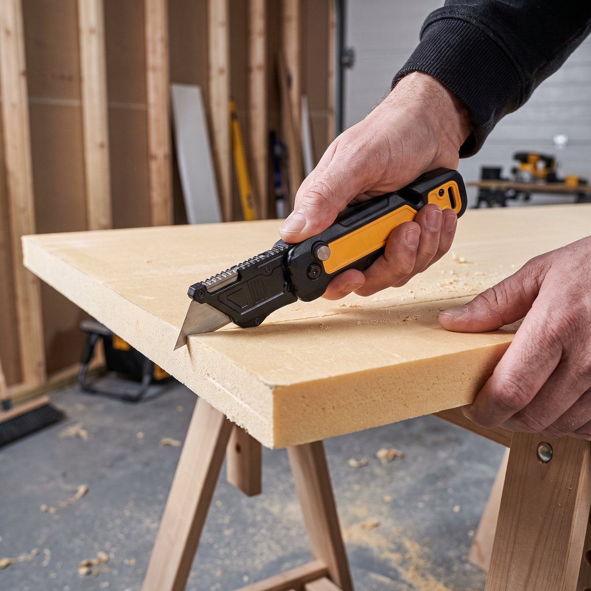 Dewalt hopfällbar universalkniv skär i en isoleringsskiva på bockar i ett svenskt garage