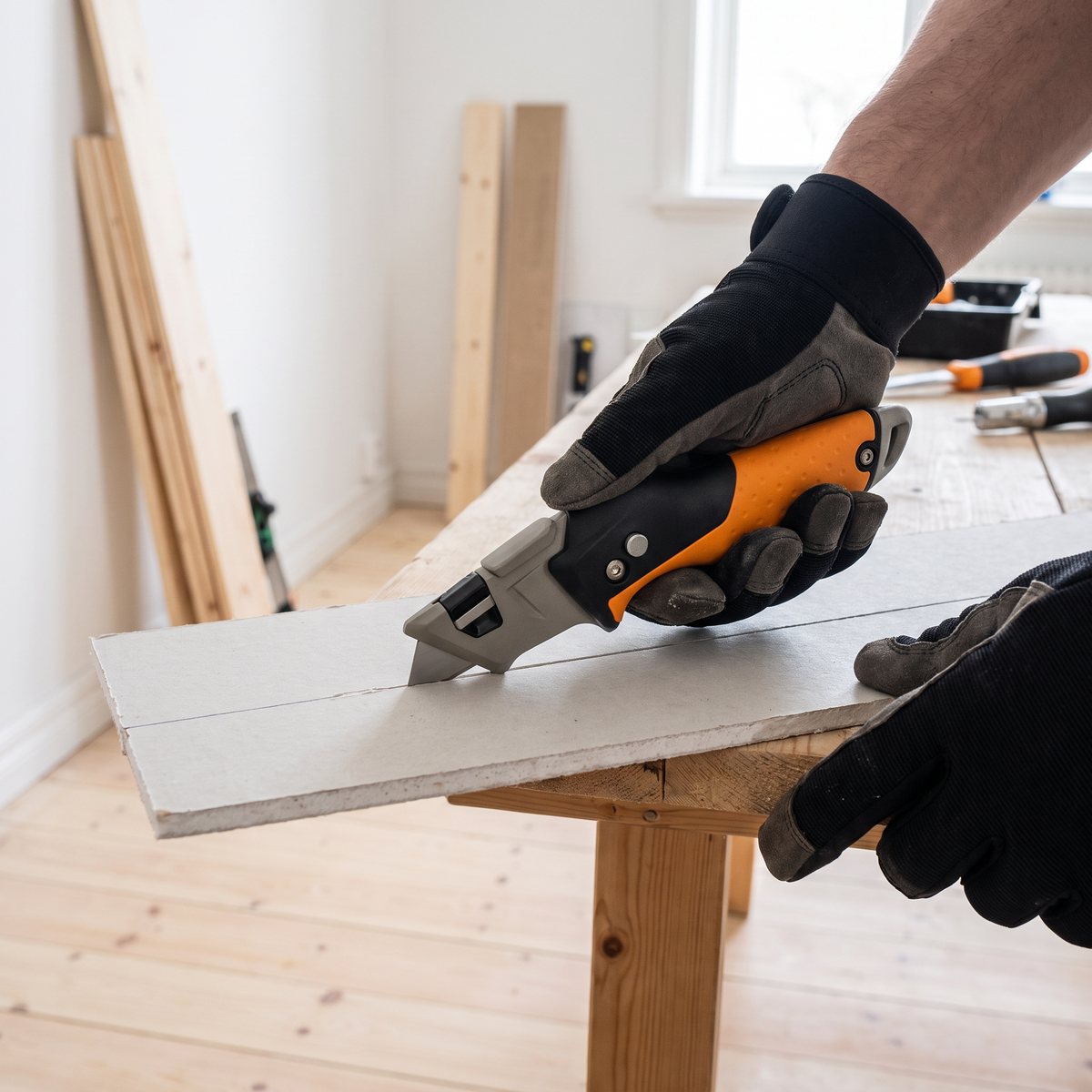 Fiskars CarbonMax fällbar universalkniv skär i gipsskiva på en arbetsbänk i ett svenskt hem under renovering