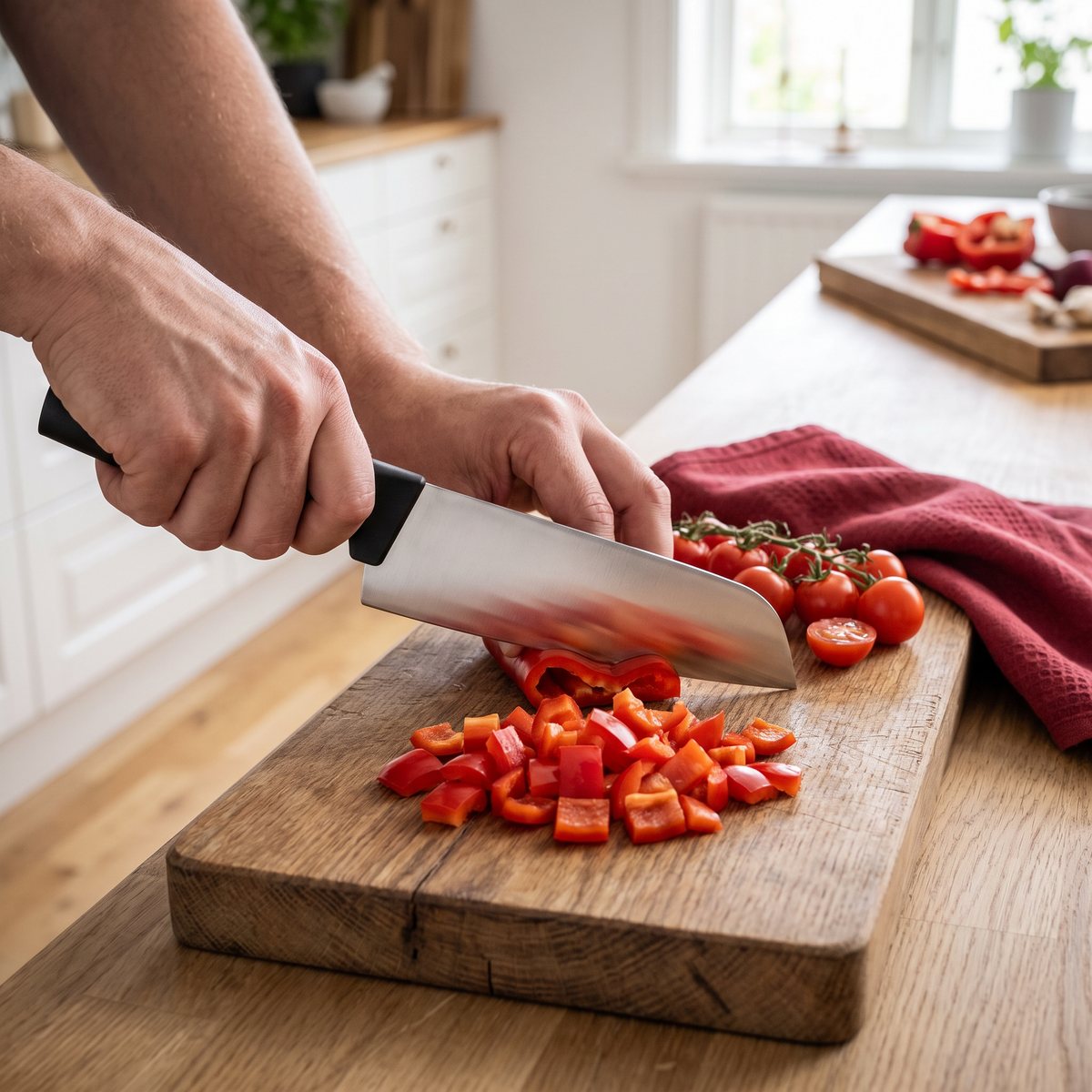 Fiskars Hard Edge santokukniv som skär paprika och tomat i ett svenskt familjekök