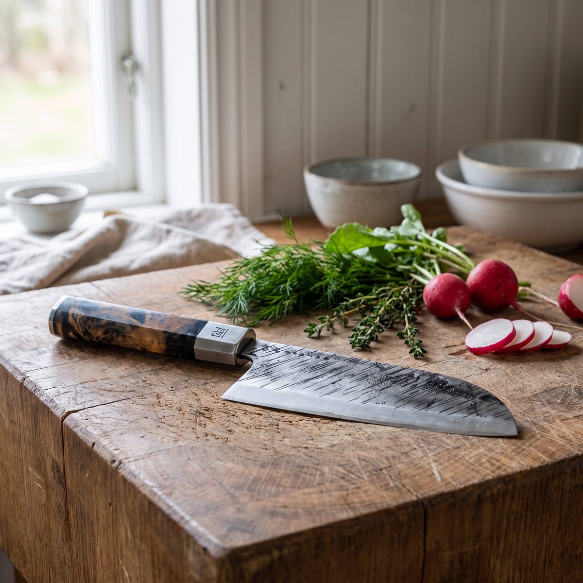 Satake Ame santokukniv med smitt blad och handtag i stabiliserad masurbjörk på en skärbräda i ett svenskt torpkök