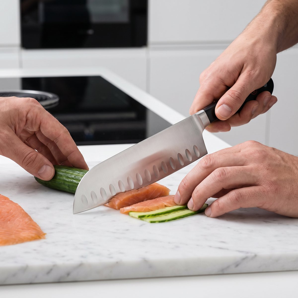 Wüsthof Classic santokukniv med fasettslipat blad som skär gravad lax och gurka på marmorbräda i ett svenskt kök