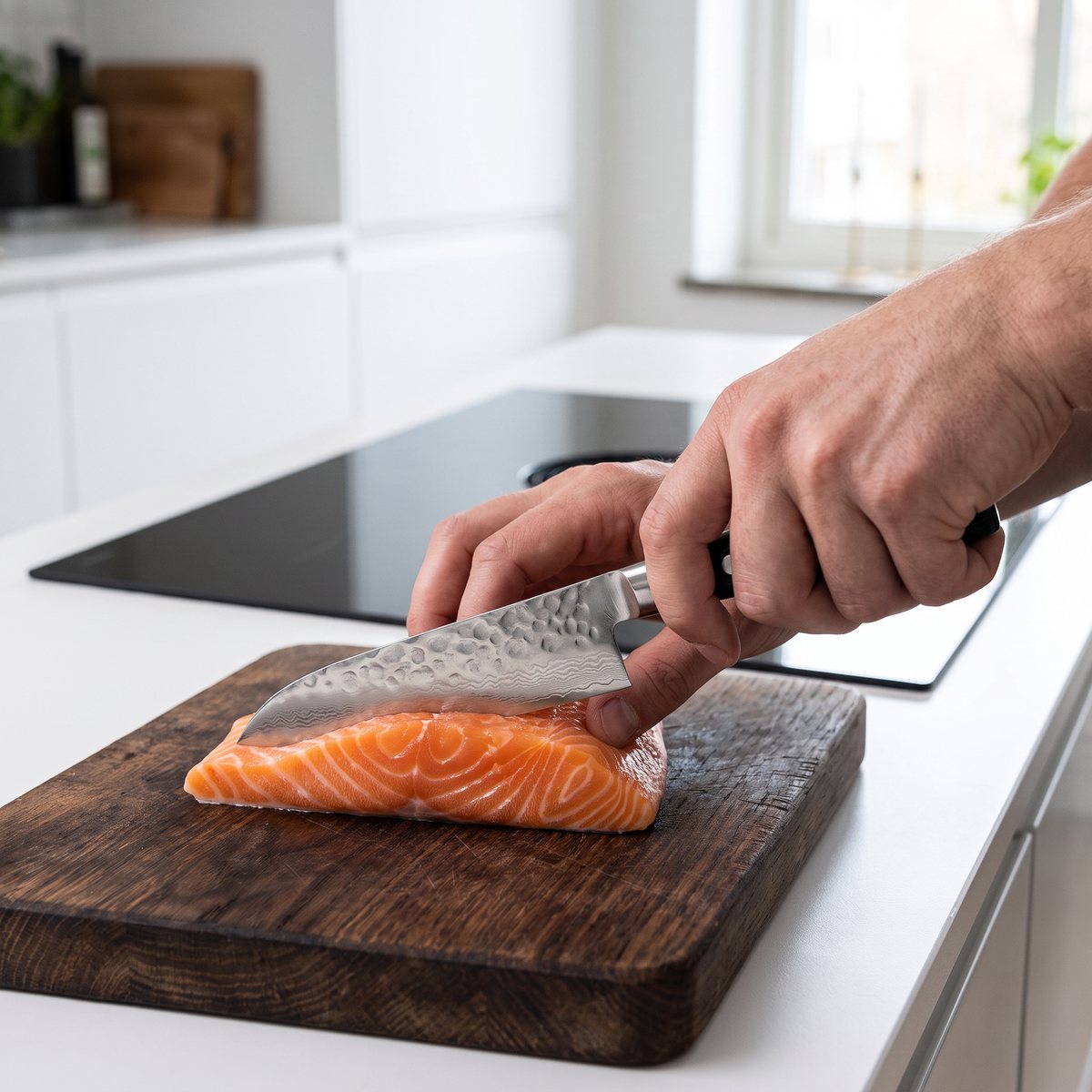 Yaxell Zen santokukniv med hamrat blad som skär laxfilé i ett svenskt kök med induktionshäll