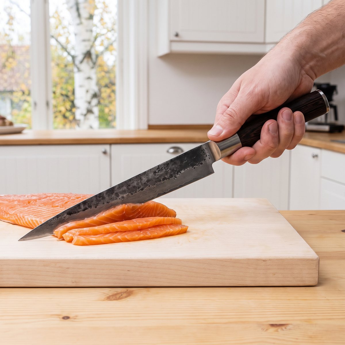Satake Sujihiki trancherkniv som skär tunna skivor av gravad lax på en björkskärbräda i ett svenskt kök