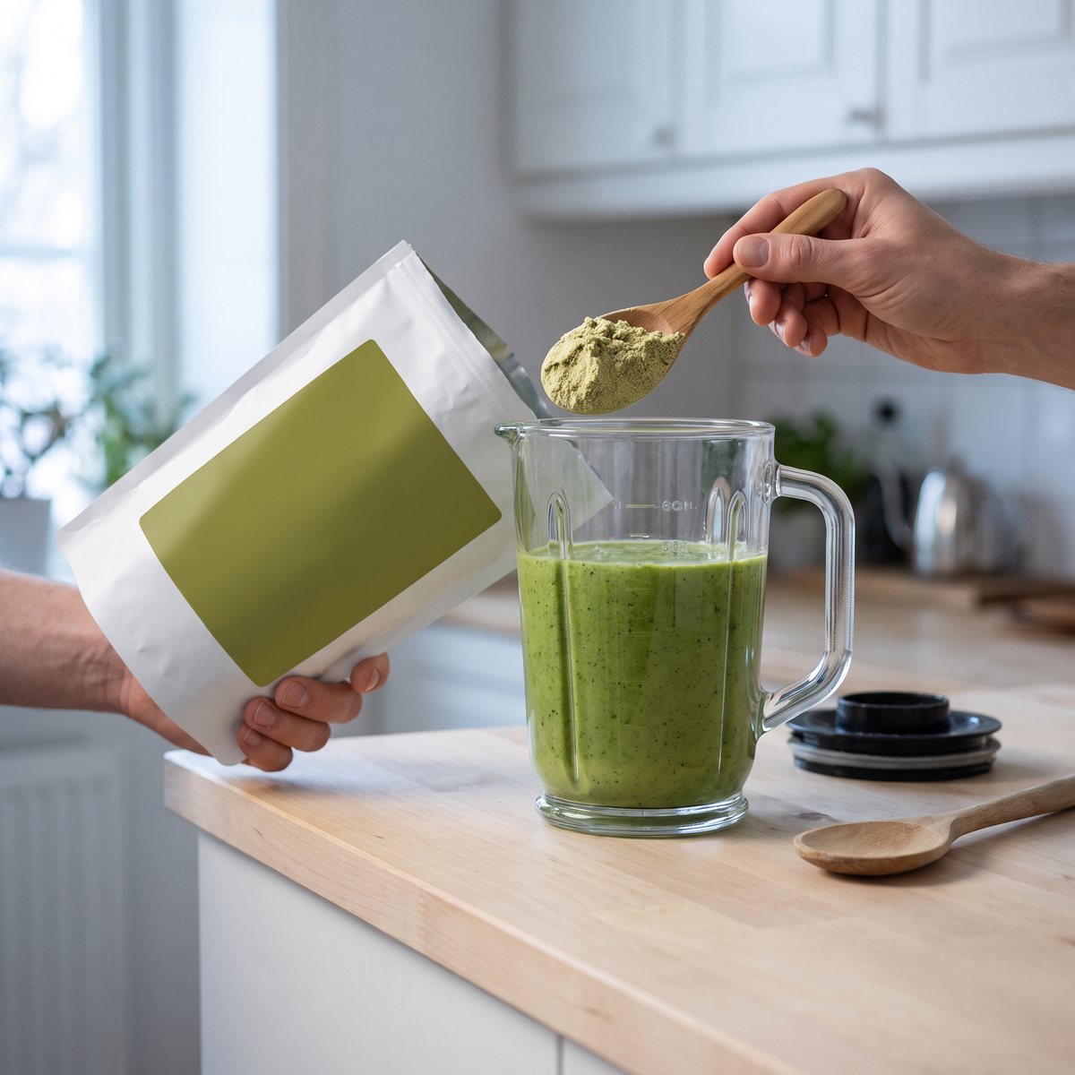 Hampaprotein i vit påse med oliv-grön etikett bredvid en mixer i ett svenskt kök