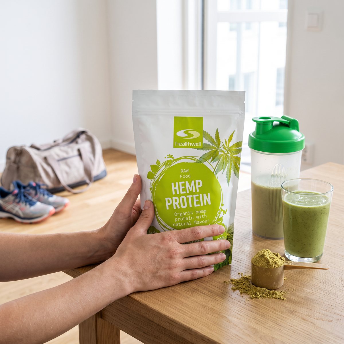 Hampaprotein i vit påse med grön etikett bredvid shaker och proteinshake i en svensk lägenhet