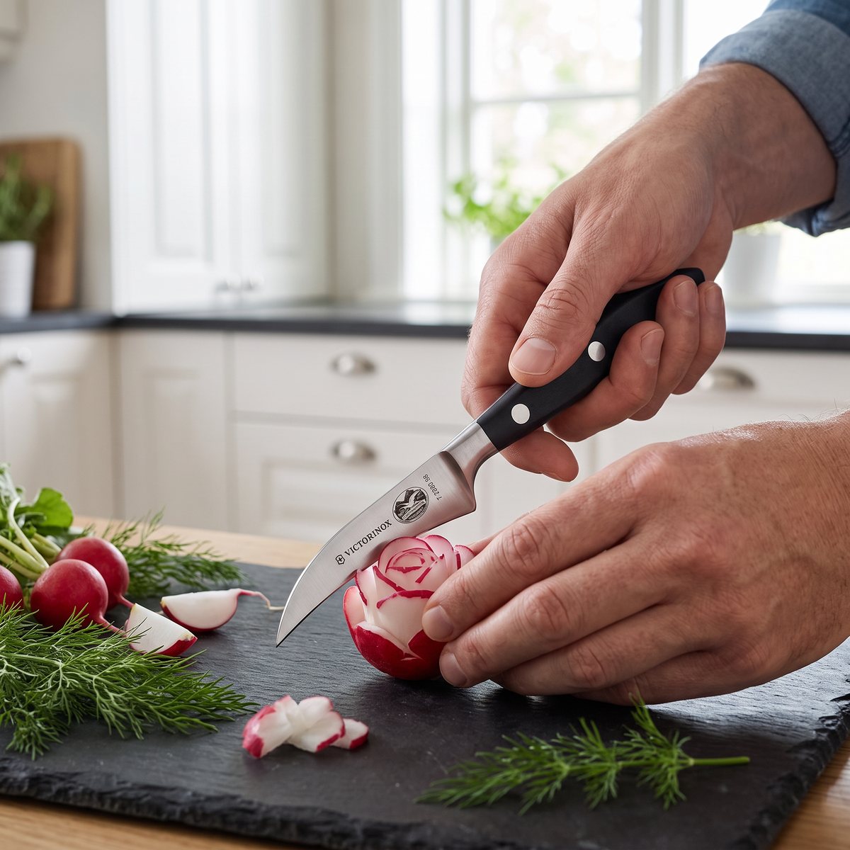 Victorinox Grand Maître tournierkniv som skär en rädisroska i ett svenskt kök