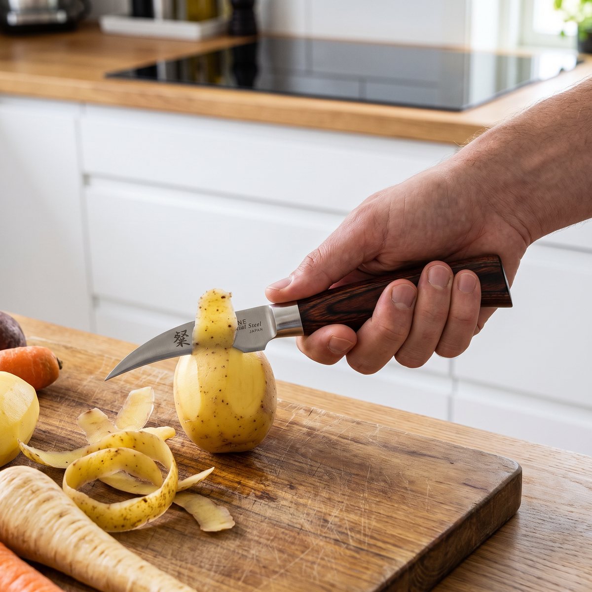 Tamahagane SAN tournierkniv med mörkt träskaft som formar en potatis i ett svenskt kök