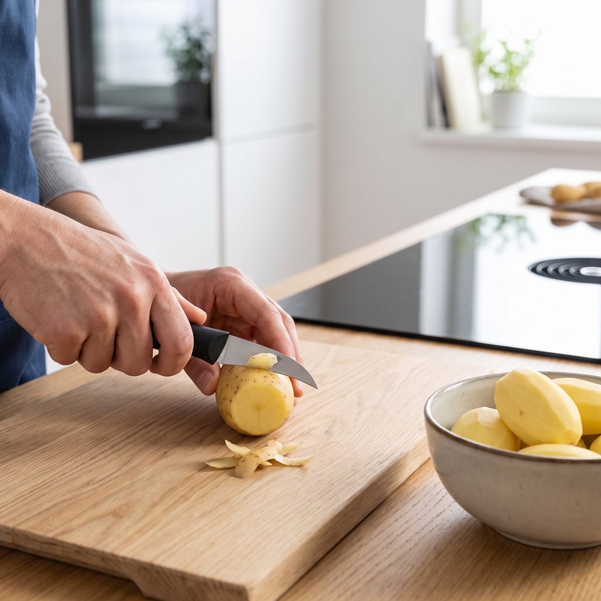 Zwilling Twin Grip tournierkniv som formar en potatis i ett svenskt kök