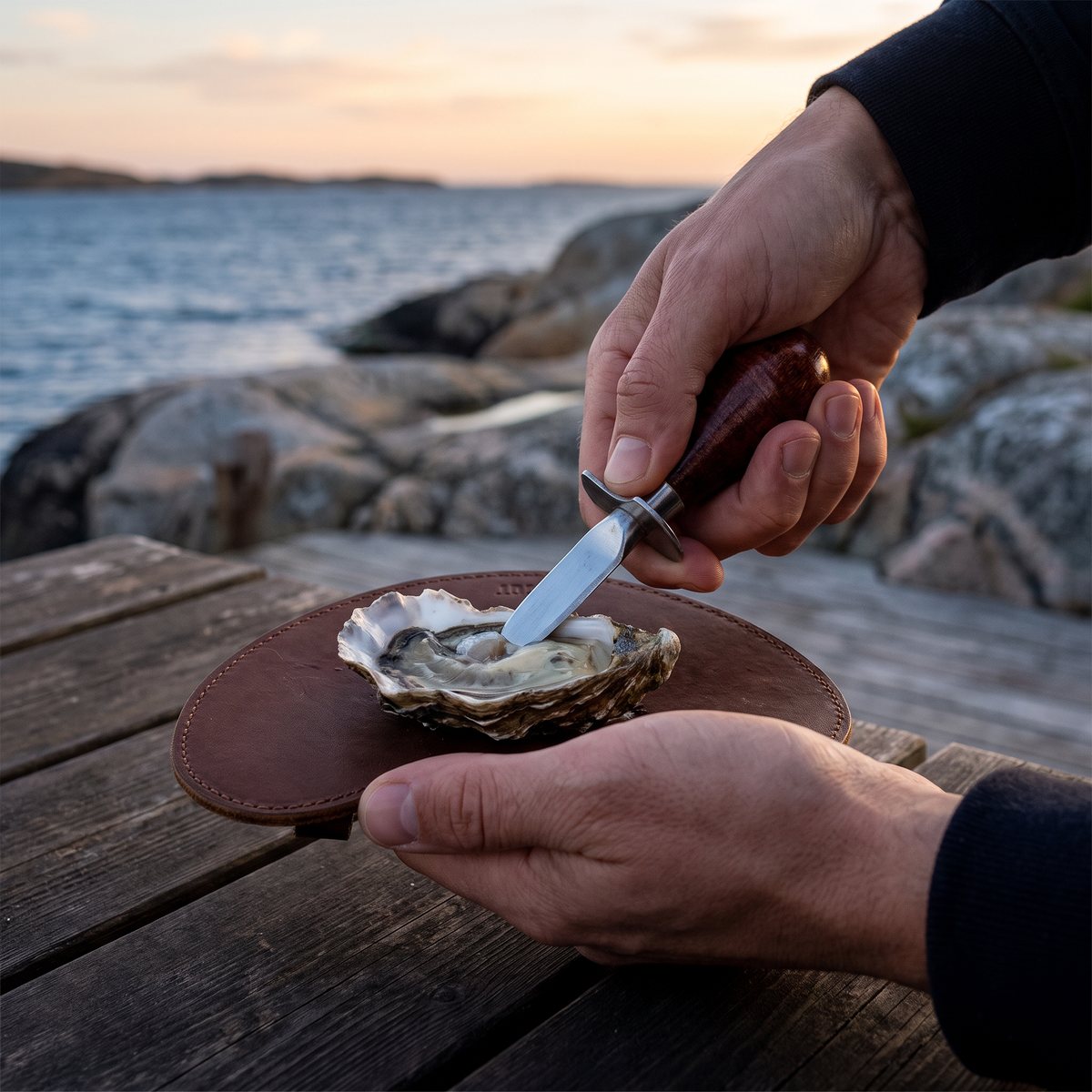 Brût ostronkniv med trähandtag och läderhandske som håller ostronet, på en brygga vid svenska västkusten
