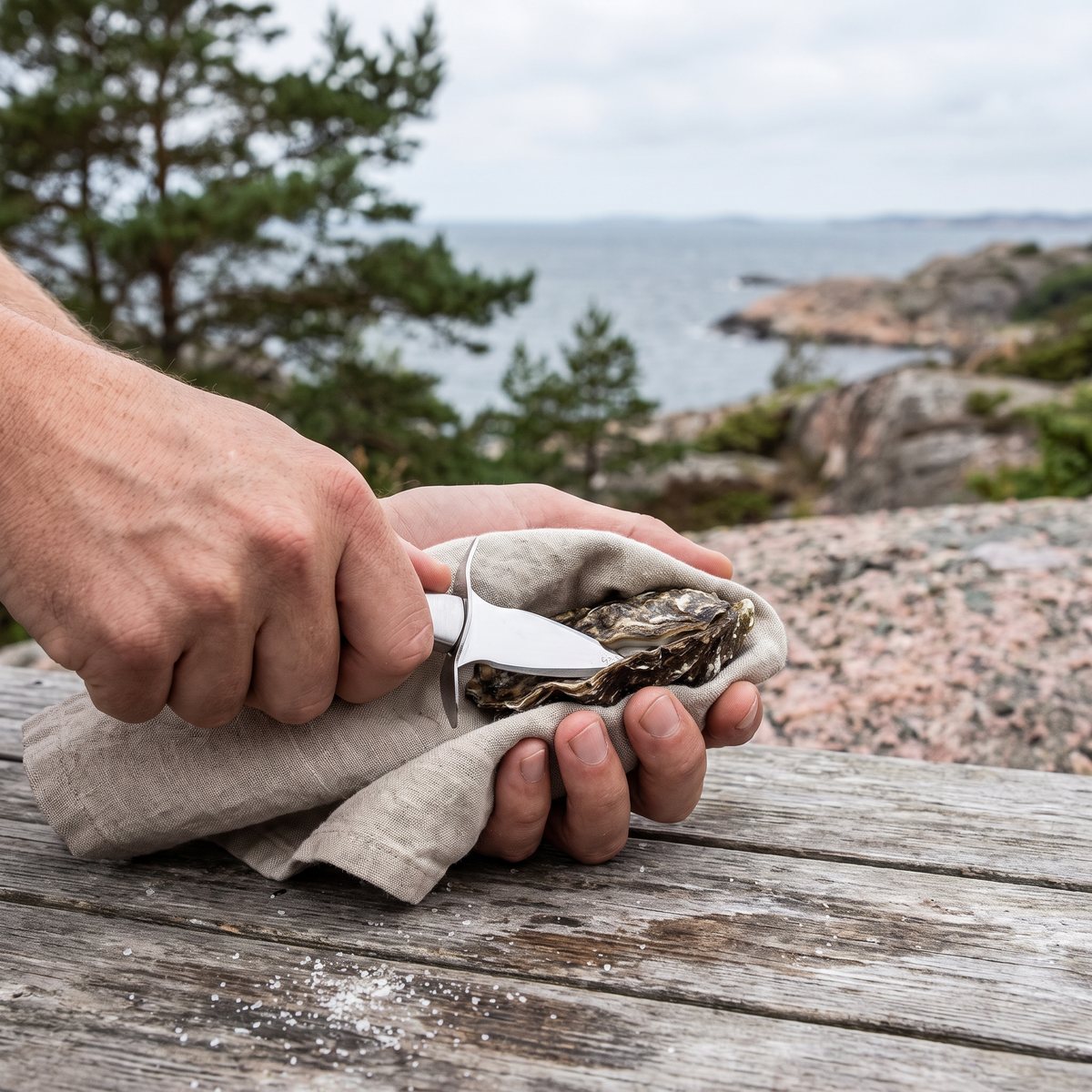Dorre Ona ostronkniv med akaciahandtag som öppnar ett ostron lindat i en duk på en klippa vid svenska västkusten